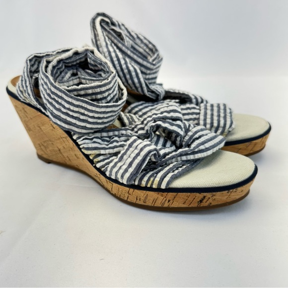 Sperry Topsiders Seersucker blue & white ribbon ankle wrap cork wedge heel 7.5 - Picture 1 of 16